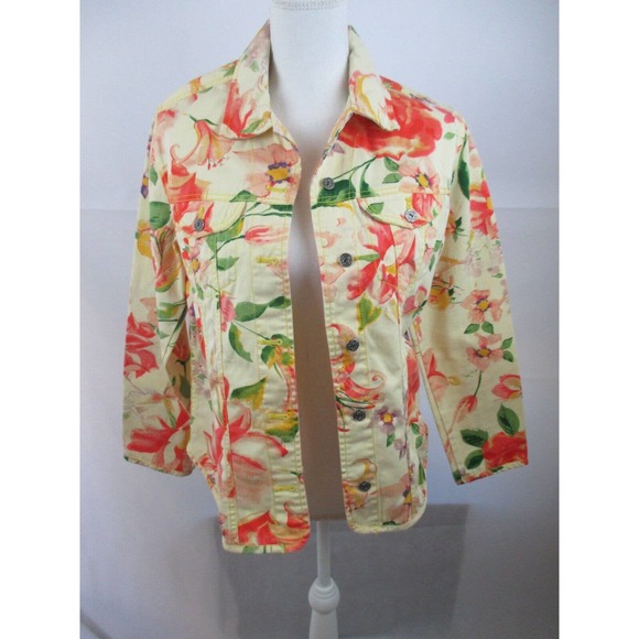 Chico's SZ 1 Jean Jacket Floral 100% Cotton Button - Picture 1 of 8